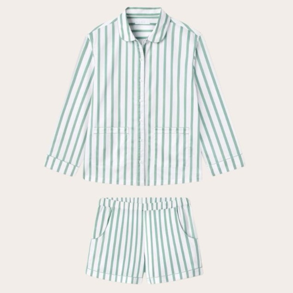 Lake Poplin Pocket Button Up Shirt Pajama Set Green & White Stripe